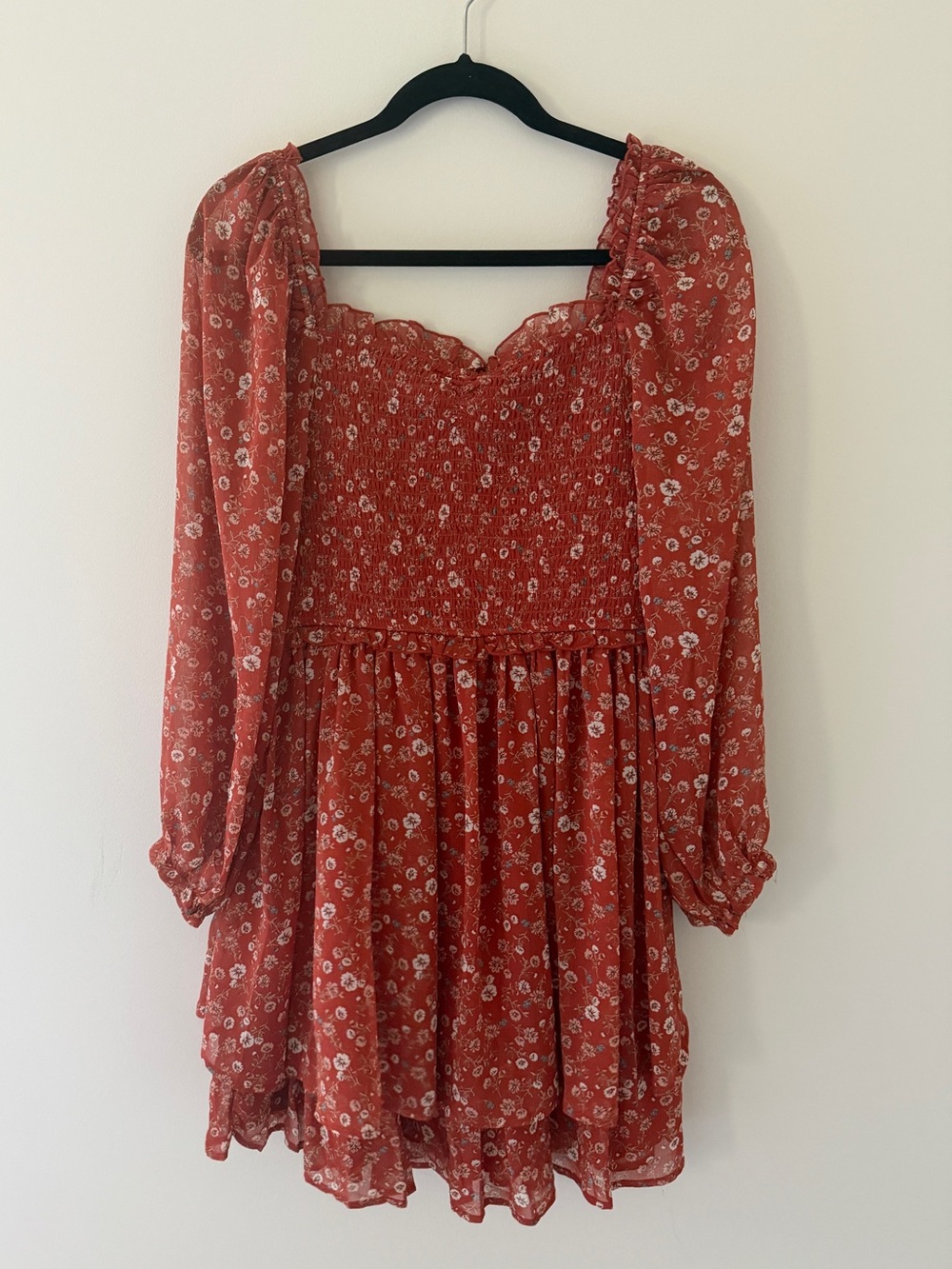 Altar'd State Rust Floral Long-Sleeve Smocked Mini Dress Large